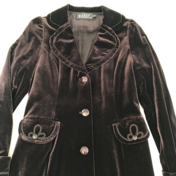Wanko Vintage Notch Collar Lined Coat w Brocade embroidery Details Wine Sz 36 - Picture 2 of 13
